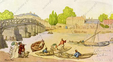 Rowlandson painting of the second Hampton Court Bridge